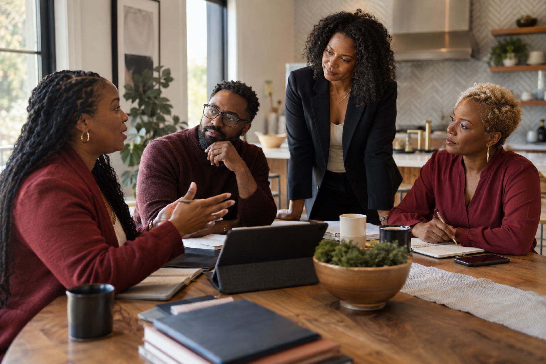 Black real estate professionals sharing ideas around a kitchen table