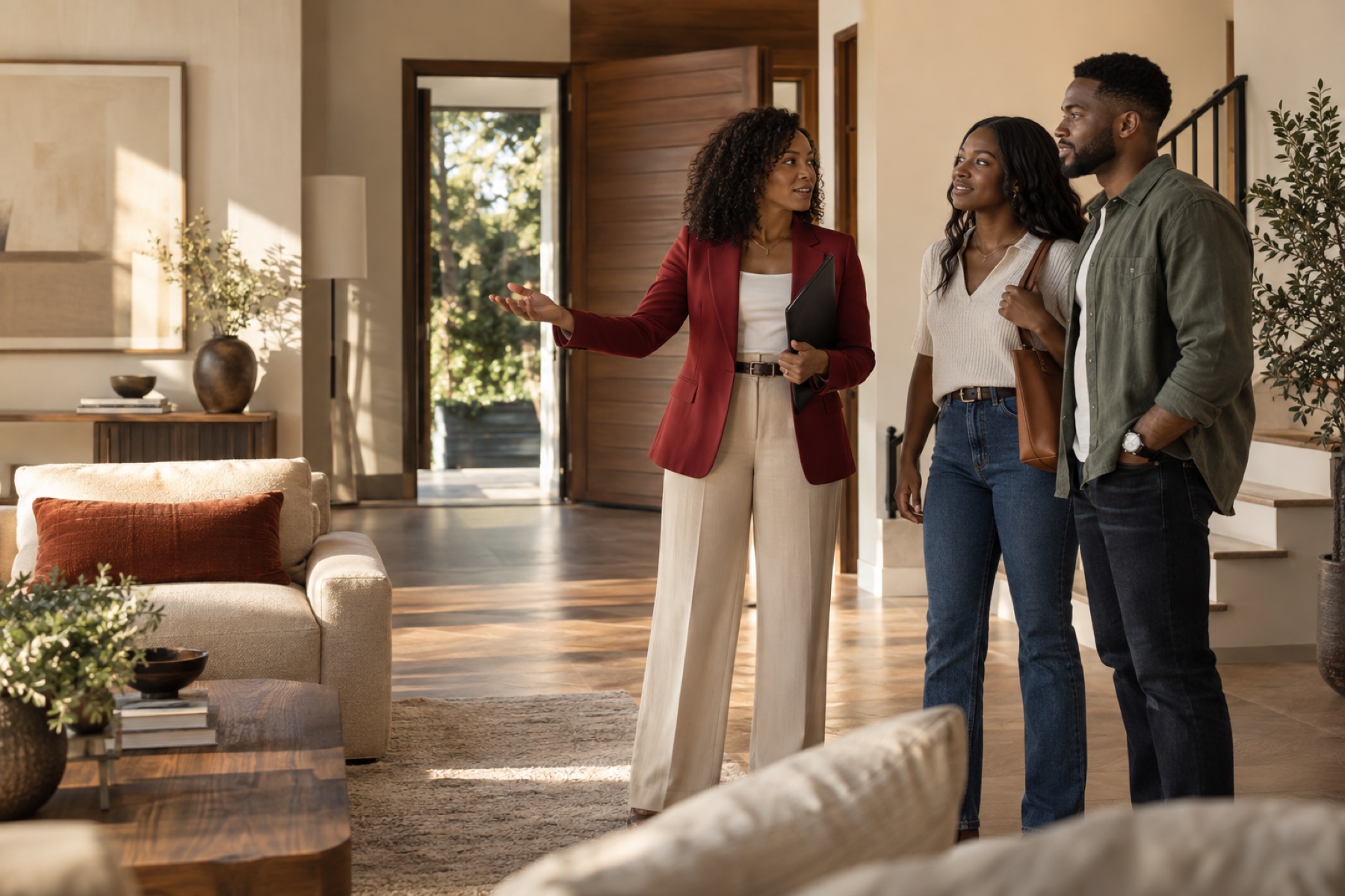 A Black real estate agent welcoming prospective homebuyers during a home tour